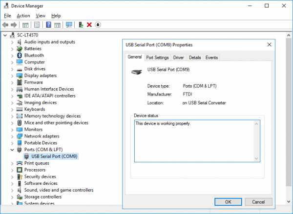 Device Manager showing a USB Serial Port on COM9