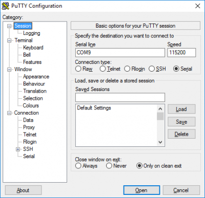 PuTTY configured for a serial connection to COM9 at 115200